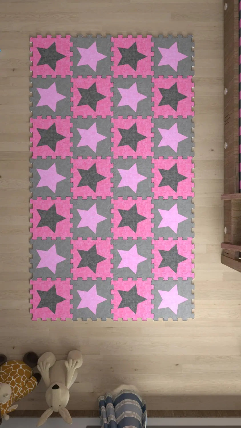 DECOZEYN Yıldız Desenli Baskılı Puzzle Yapboz Halı! Pembe & Gri Çocuk Odası Decozeyn