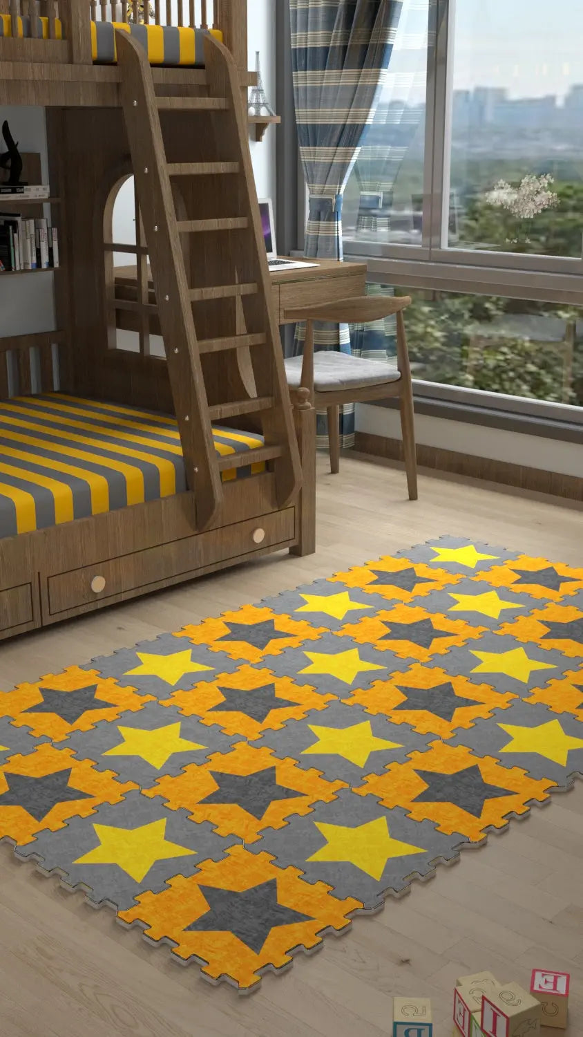 DECOZEYN Yıldız Desenli Baskılı Puzzle Yapboz Halı! Sarı & Turuncu Çocuk Odası Decozeyn