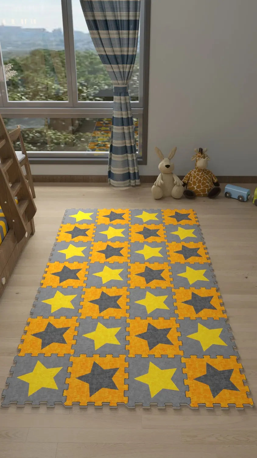 DECOZEYN Yıldız Desenli Baskılı Puzzle Yapboz Halı! Sarı & Turuncu Çocuk Odası Decozeyn