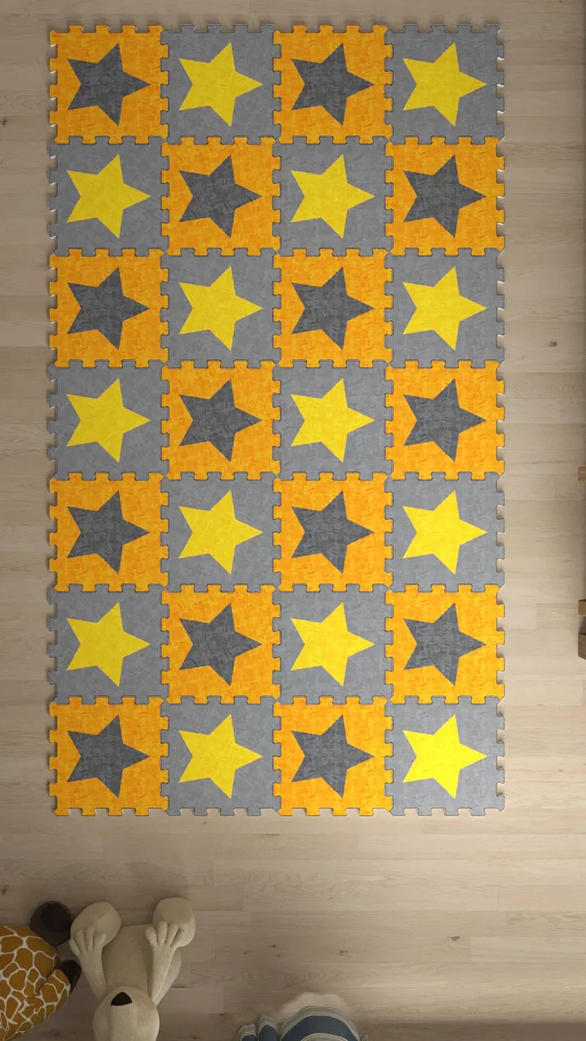 DECOZEYN Yıldız Desenli Baskılı Puzzle Yapboz Halı! Sarı & Turuncu Çocuk Odası Decozeyn