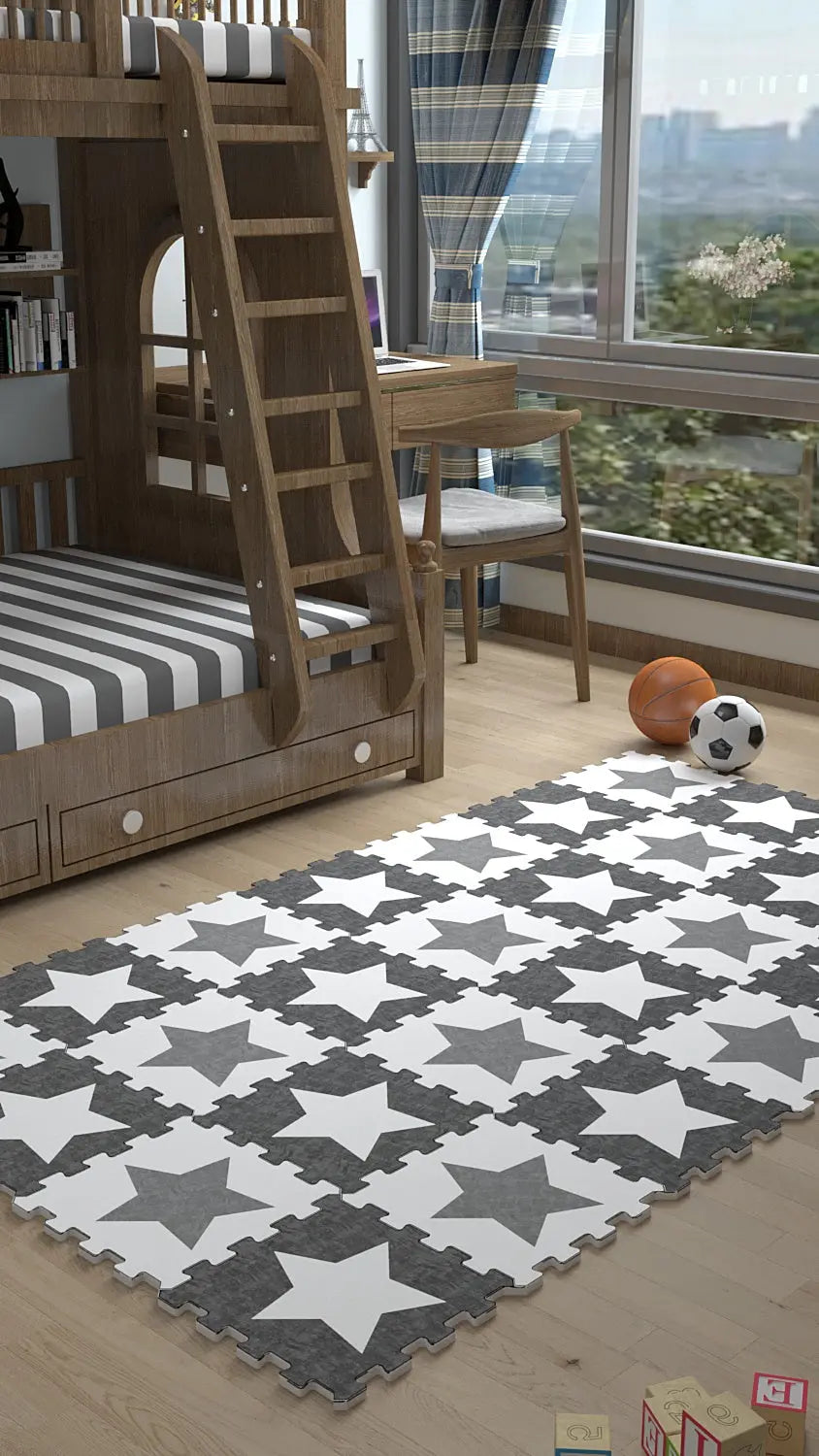 ⚪⚫ DECOZEYN Yıldız Desenli Baskılı Puzzle Yapboz Halı! Siyah, Beyaz & Gri Çocuk Odası Decozeyn