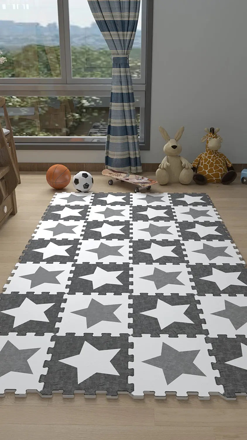 ⚪⚫ DECOZEYN Yıldız Desenli Baskılı Puzzle Yapboz Halı! Siyah, Beyaz & Gri Çocuk Odası Decozeyn