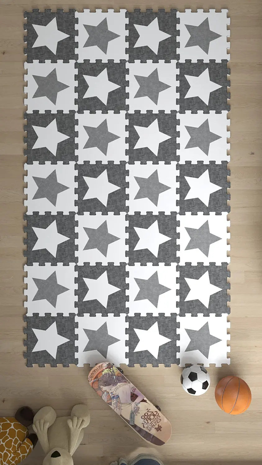 ⚪⚫ DECOZEYN Yıldız Desenli Baskılı Puzzle Yapboz Halı! Siyah, Beyaz & Gri Çocuk Odası Decozeyn