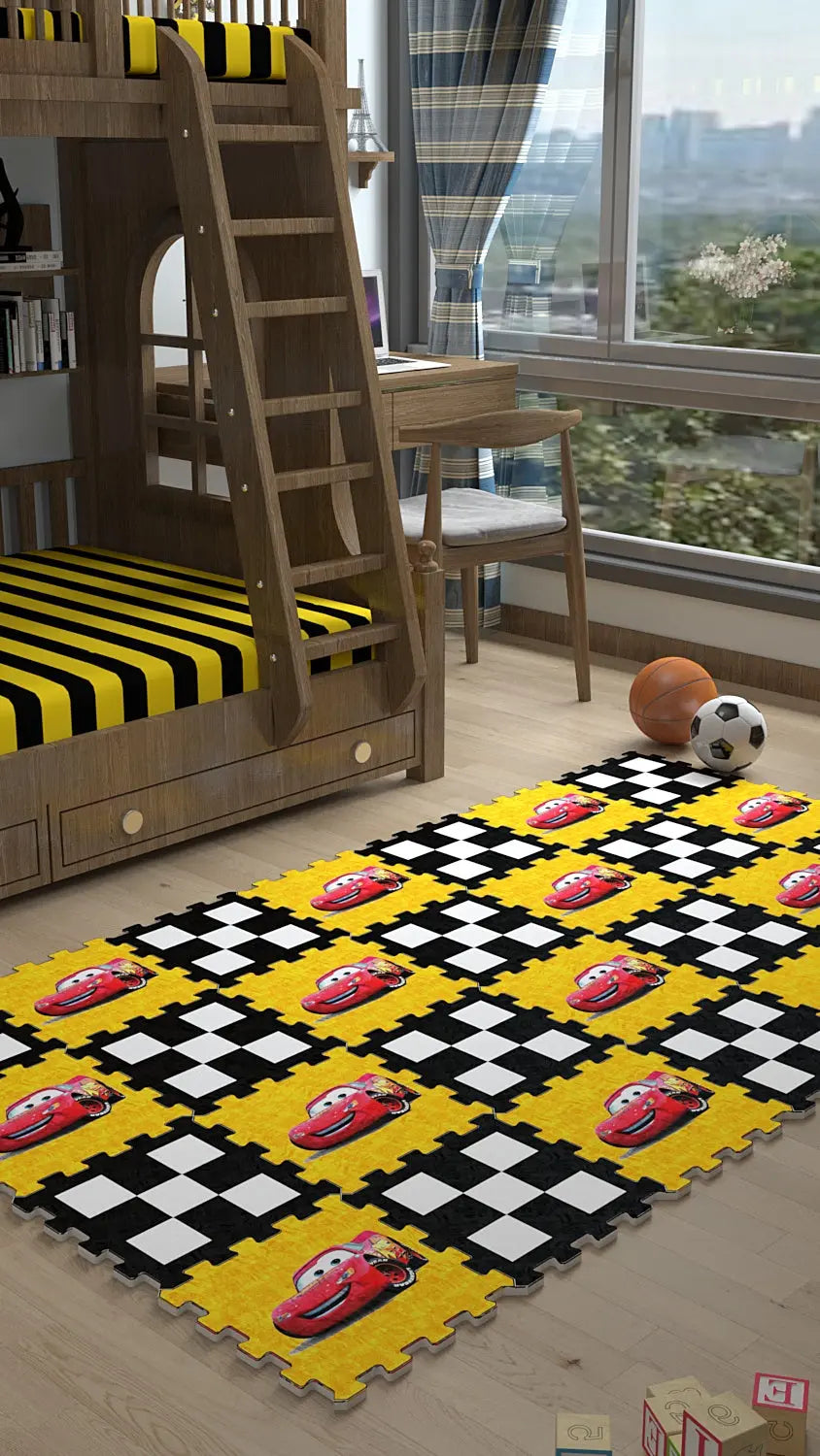 🚗 DECOZEYN Şimşek McQueen (Arabalar) Baskılı Puzzle Yapboz Halı! Sarı Damalı Çocuk Odası Decozeyn