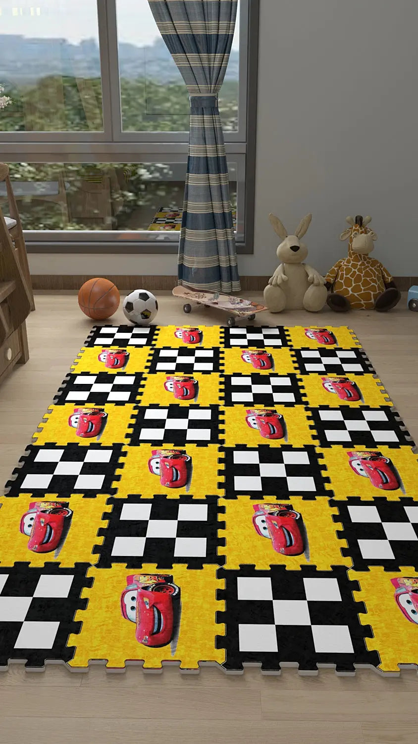 🚗 DECOZEYN Şimşek McQueen (Arabalar) Baskılı Puzzle Yapboz Halı! Sarı Damalı Çocuk Odası Decozeyn