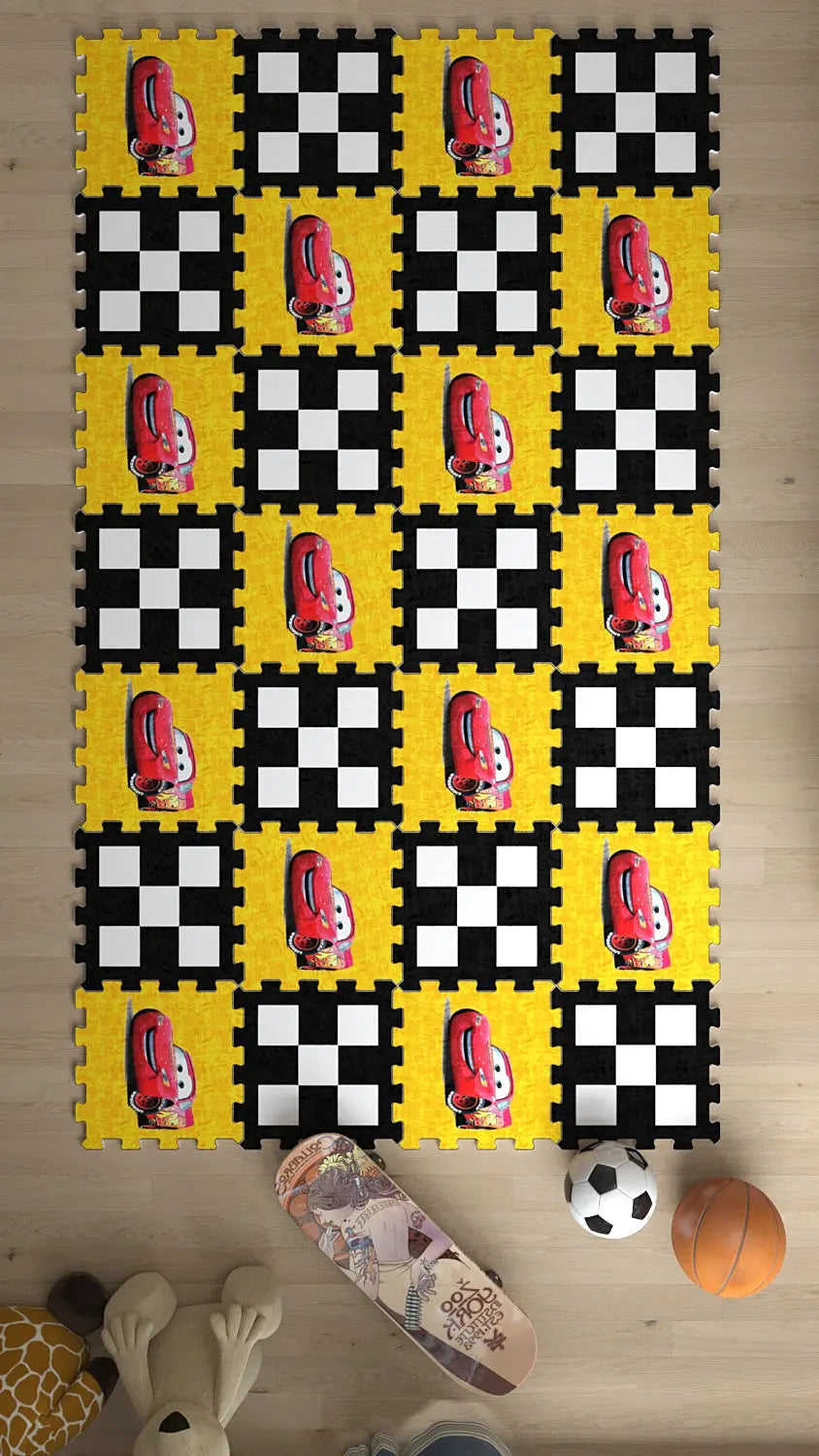 🚗 DECOZEYN Şimşek McQueen (Arabalar) Baskılı Puzzle Yapboz Halı! Sarı Damalı Çocuk Odası Decozeyn