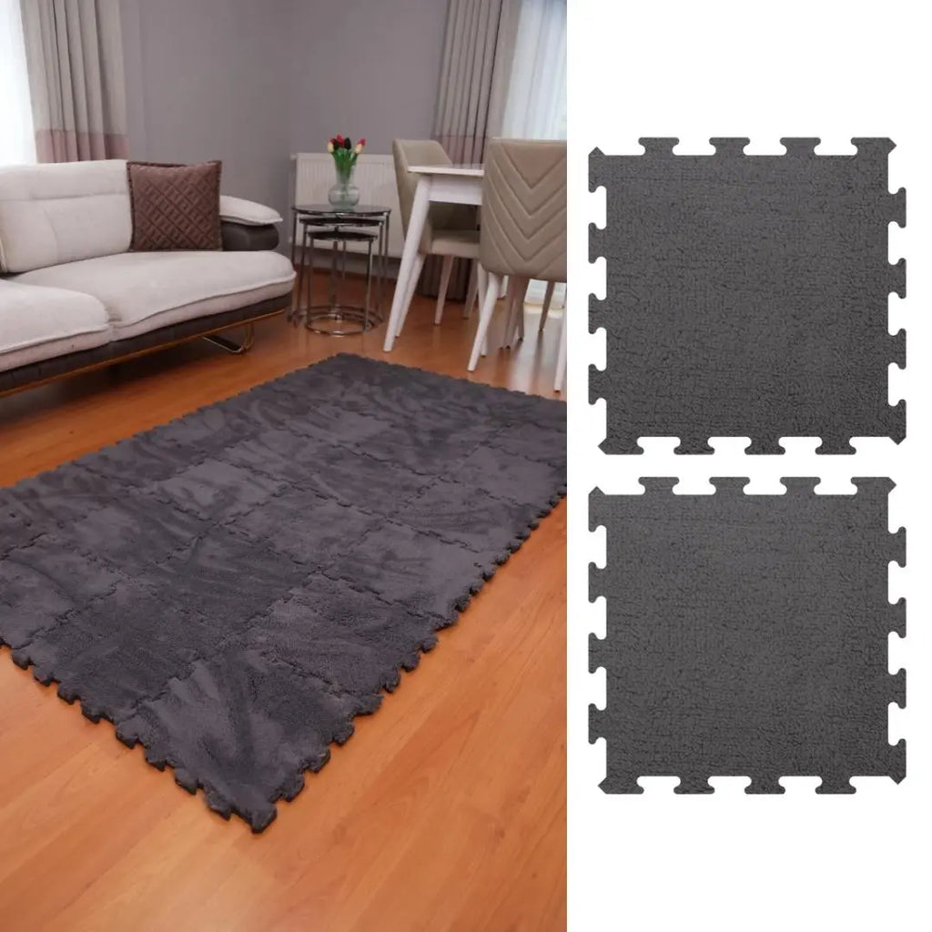 🌑 DECOZEYN Antrasit Gri Rengi Lüks Pelüş Kadife Puzzle Halı | Yumuşak Doku, Modüler Yapı | Salon, Oturma Odası ve Yatak Odası Decozeyn