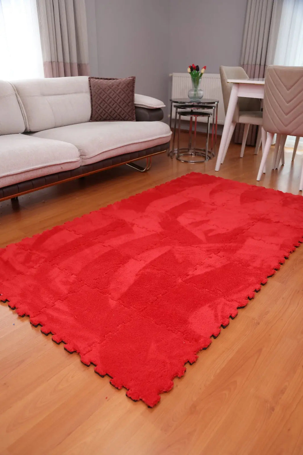 🔴 DECOZEYN Kırmızı Rengi Lüks Pelüş Kadife Puzzle Halı | Yumuşak Doku, Modüler Yapı | Salon, Oturma Odası ve Yatak Odası Decozeyn
