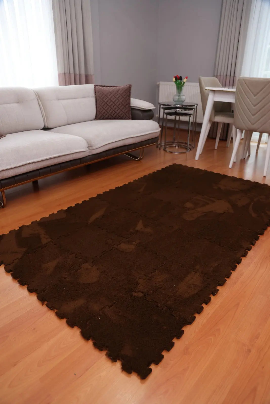 🤎 DECOZEYN Koyu Kahverengi Rengi Lüks Pelüş Kadife Puzzle Halı | Yumuşak Doku, Modüler Yapı | Salon, Oturma Odası ve Yatak Odası Decozeyn