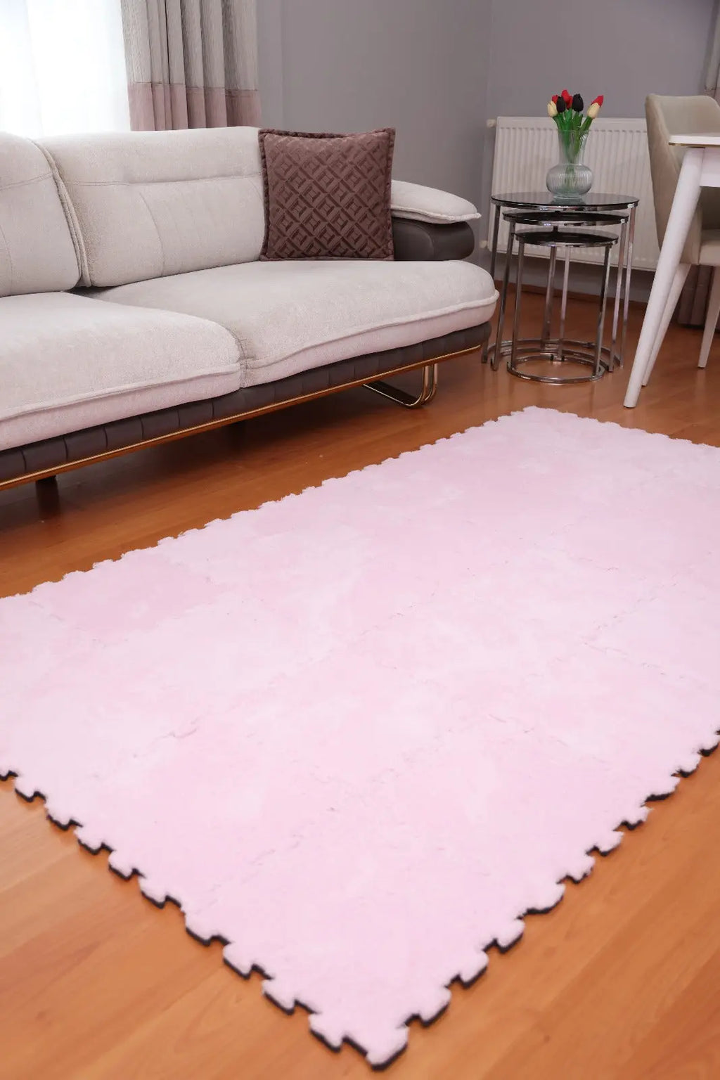 🩷 DECOZEYN Toz Pembe Rengi Lüks Pelüş Kadife Puzzle Halı | Yumuşak Doku, Modüler Yapı | Salon, Oturma Odası ve Yatak Odası Decozeyn