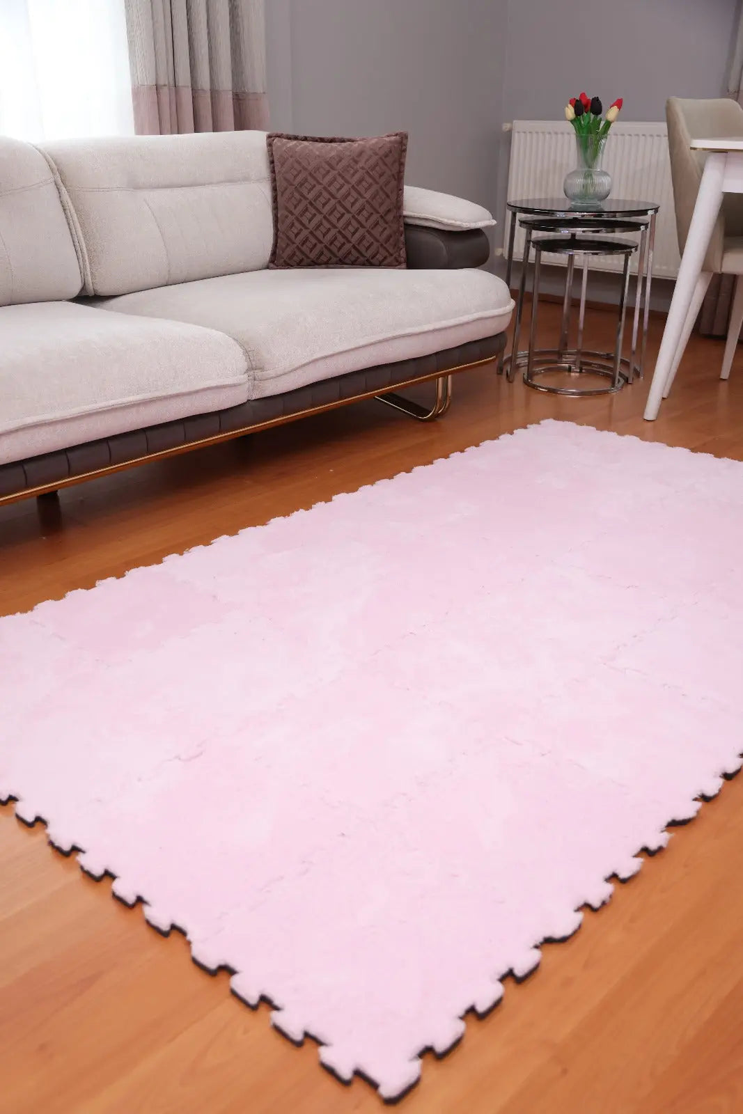 🩷 DECOZEYN Toz Pembe Rengi Lüks Pelüş Kadife Puzzle Halı | Yumuşak Doku, Modüler Yapı | Salon, Oturma Odası ve Yatak Odası Decozeyn