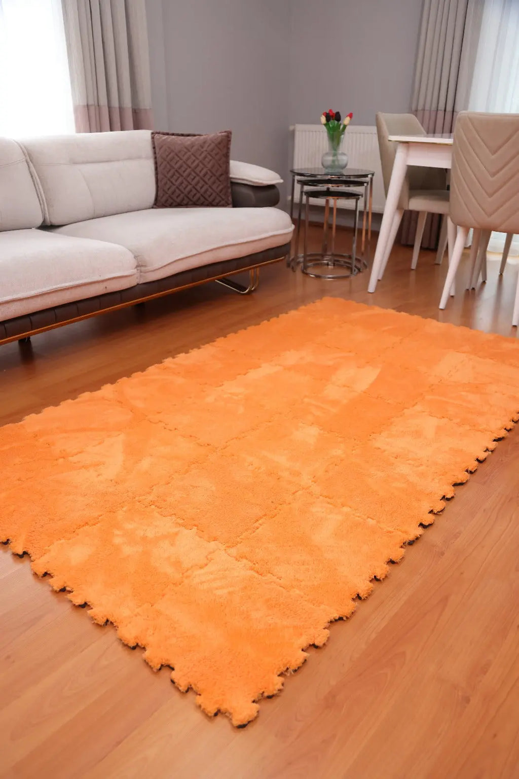 🟠🟢 DECOZEYN 1 Metrekare Turuncu ve Yeşil Kombin Dama Desenli Lüks Pelüş Kadife Puzzle Halı | Modüler & Yıkanabilir | Salon, Yatak Odası Zemin Decozeyn