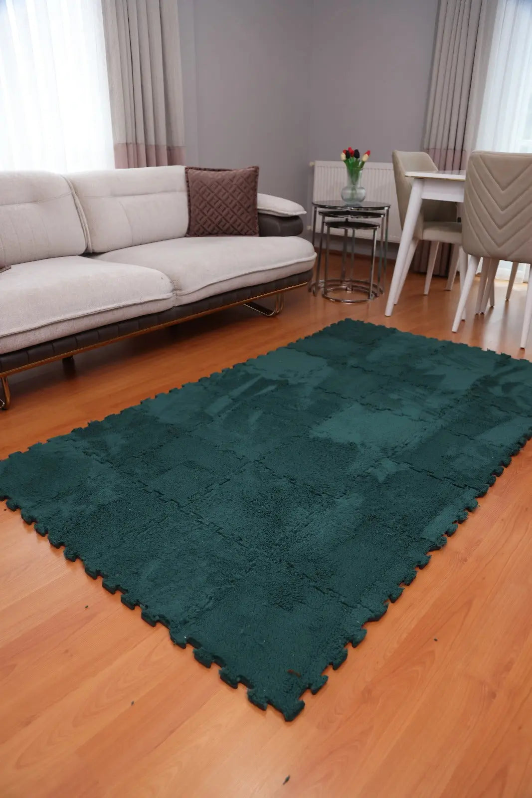 💚 DECOZEYN Zümrüt Yeşili Rengi Lüks Pelüş Kadife Puzzle Halı | Yumuşak Doku, Modüler Yapı | Salon, Oturma Odası ve Yatak Odası Decozeyn
